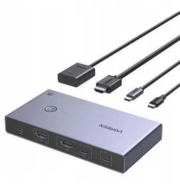 Ndërprerës KVM UGREEN USB C HDMI, 1 monitor 2 kompjuterë, 4 porta USB 3.0, 4K 60Hz, alumini gri