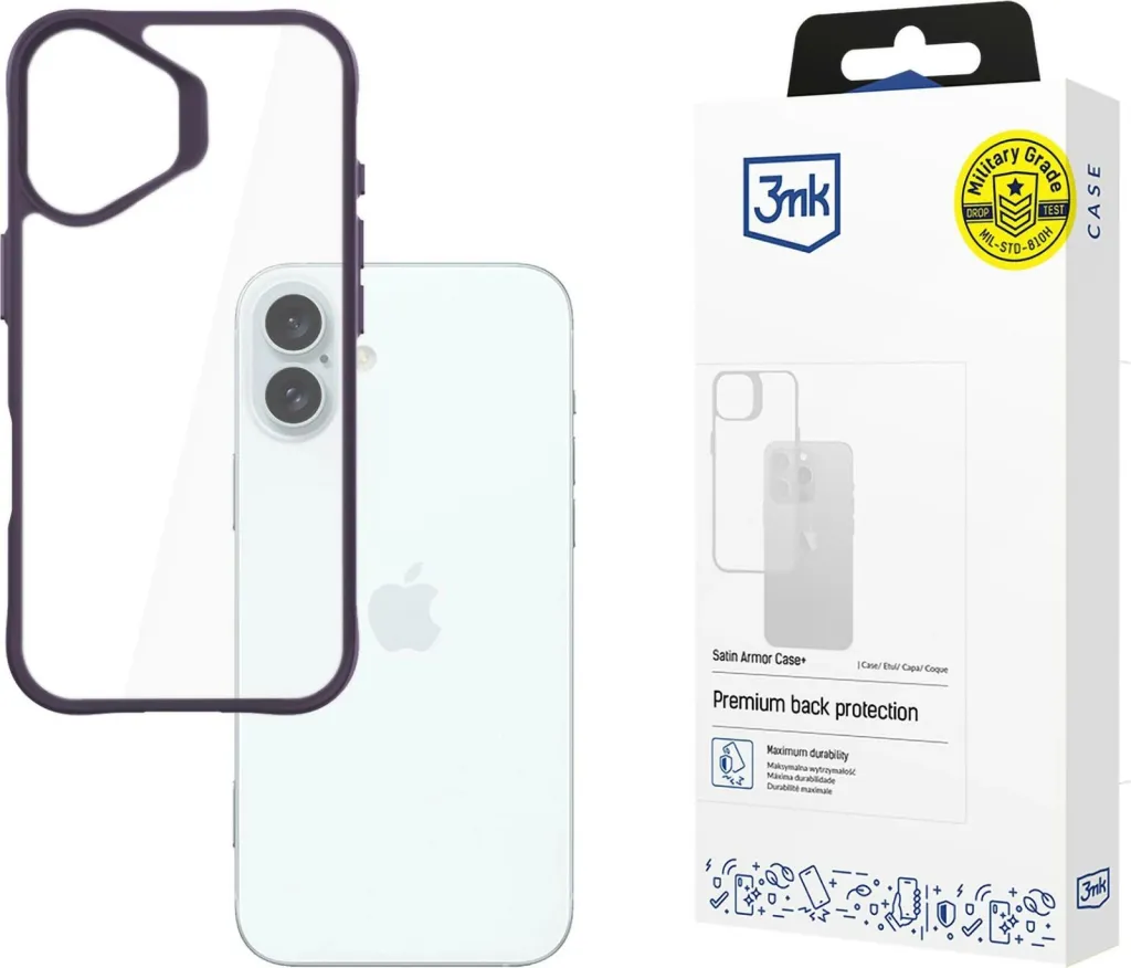 Mbështjellës 3mk Satin Armor Case+ për iPhone 16 Plus, Transparent/Vjollcë - 1