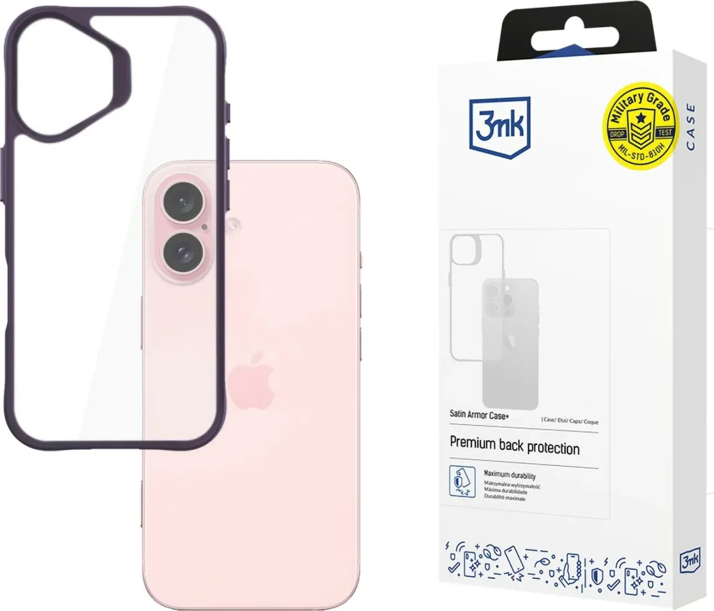 Mbështjellës 3mk Satin Armor Case+ për iPhone 16, Transparent/Purpurtë - 1