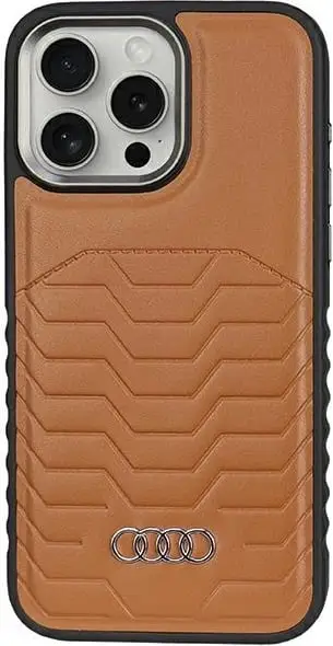 Mbështjellës Audi për iPhone 15 Pro Max, lëkurë sintetike, MagSafe, kafe