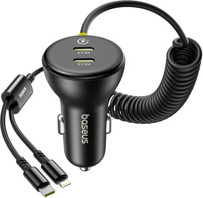 Karikues veture Baseus 60W, kabllo me spirale tërheqëse, PD dhe QC, i zi - 1