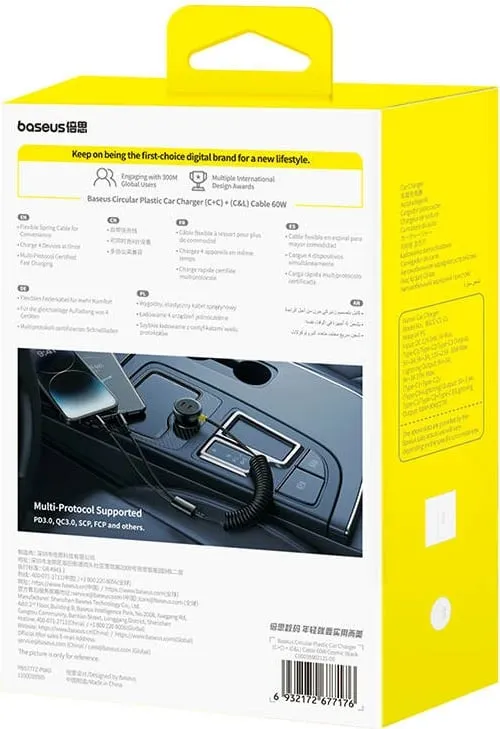 Karikues veture Baseus 60W, kabllo me spirale tërheqëse, PD dhe QC, i zi - 8