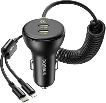 Karikues veture Baseus 60W, kabllo me spirale tërheqëse, PD dhe QC, i zi