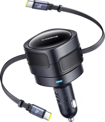 Karikues veture Baseus 60W, dy kabllo të tërheqshme USB C dhe Lightning, karikim i shpejtë, i zi