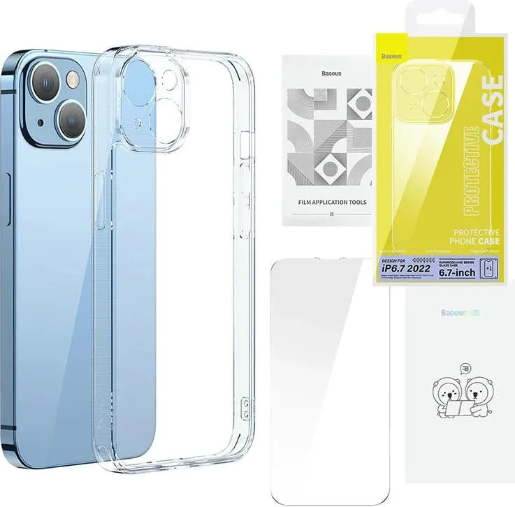 Mbështjellës Baseus SuperCeramic me xham të temperuar për iPhone 14 Plus, Transparent, set - 1