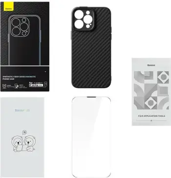 Set aksesorësh Baseus për iPhone 14 Pro, etui magnetik Synthetic Fiber, xham i temperuar, i zi