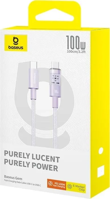 Kabllo Baseus Gem USB C në USB C, 1 m, 100 W, Vjollcë - 6