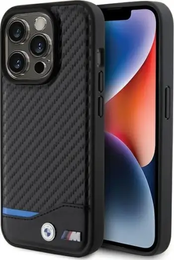 Mbështjellës BMW Leather Carbon MagSafe për iPhone 15 Pro, i zi