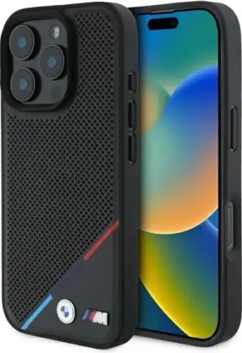 Mbështjellës BMW M Perforated Tricolor Line MagSafe për iPhone 16 Pro Max, i zi