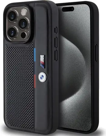 Mbështjellës BMW Perforated Tricolor Line për iPhone 15 Pro Max, i zi