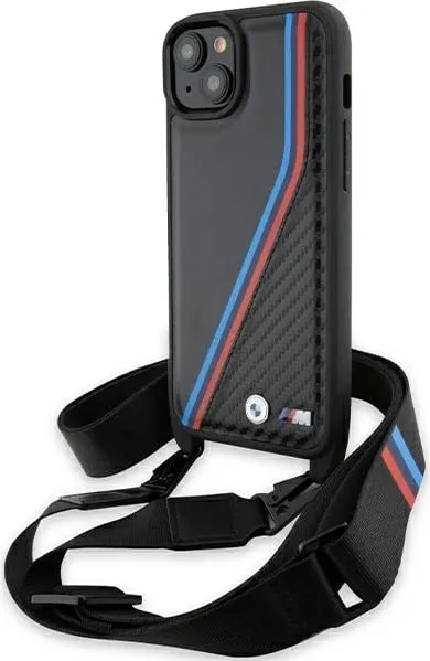 Mbështjellës BMW M Edition Carbon Tricolor Lines & Strap për iPhone 15 Plus / 14 Plus, i zi - 1