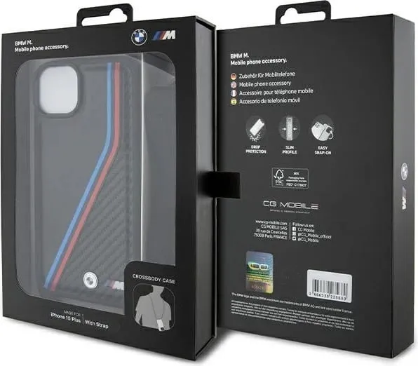 Mbështjellës BMW M Edition Carbon Tricolor Lines & Strap për iPhone 15 Plus / 14 Plus, i zi - 5