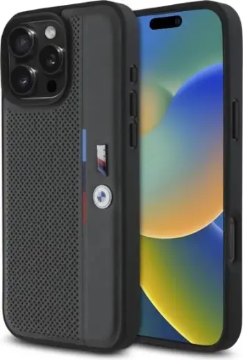 Mbështjellës BMW M Perforated Tricolor Detail Line për iPhone 16 Pro Max, Gri e errët
