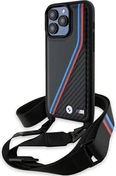 Mbështjellës BMW M Edition Carbon Tricolor Lines & Strap për iPhone 15 Pro Max, i zi - 1