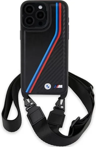Mbështjellës BMW M Edition Carbon Tricolor Lines & Strap për iPhone 15 Pro Max, i zi - 2
