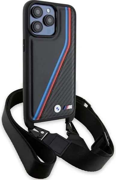 Mbështjellës BMW M Edition Carbon Tricolor Lines & Strap për iPhone 15 Pro Max, i zi - 3