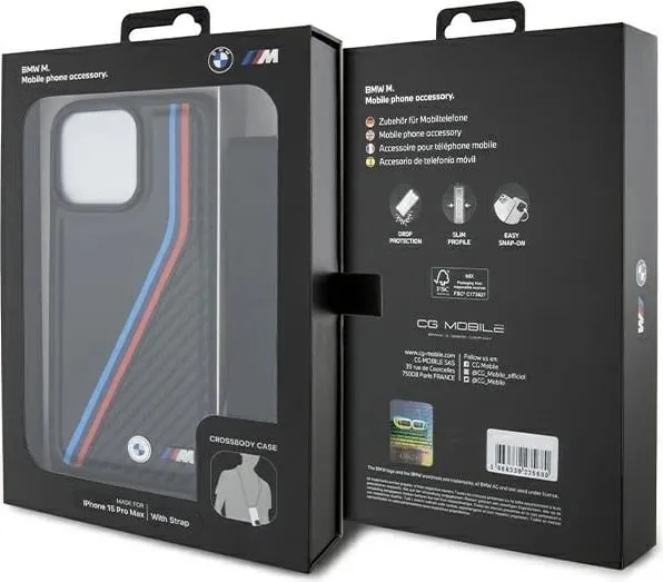 Mbështjellës BMW M Edition Carbon Tricolor Lines & Strap për iPhone 15 Pro Max, i zi - 5