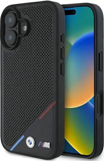 Mbështjellës BMW M Perforated Tricolor Line MagSafe për iPhone 16, Zi