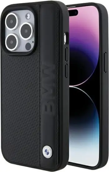 Mbështjellës telefoni BMW Leather Textured Stripe për iPhone 15 Pro 6.1", i zi