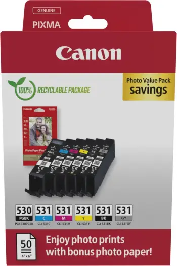 Fishekë boje, Canon PGI-530/CLI-531 (6117C004), për printerë PIXMA, me letër foto, e zezë/cyan/magenta/e verdhë/gri, set multipack