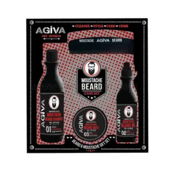 Set për mjekërr dhe mustaqe Agiva, Shampon 180 ml + Vaj ushqyes 100 ml + Dyll 35 ml + Krahër