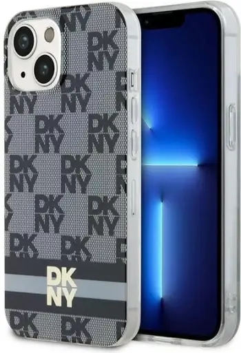 Mbështjellës DKNY IML Checkered Mono Pattern & Printed Stripes MagSafe për iPhone 15/14/13, i zi