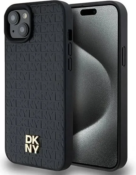 Mbështjellës DKNY Leather Pattern Metal Logo MagSafe për iPhone 15/14/13, i zi - 1
