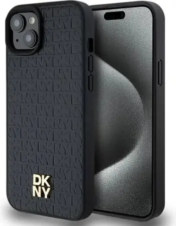 Mbështjellës DKNY Leather Pattern Metal Logo MagSafe për iPhone 15/14/13, i zi
