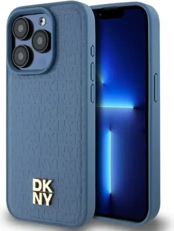 Mbështjellës DKNY Leather Monogram Pattern Metal Logo MagSafe për iPhone 15 Pro, Kaltër