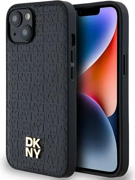 Mbështjellës DKNY Leather Monogram Pattern Metal Logo MagSafe për iPhone 15/14/13, e zezë - 1
