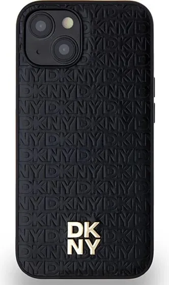 Mbështjellës DKNY Leather Monogram Pattern Metal Logo MagSafe për iPhone 15/14/13, e zezë - 2