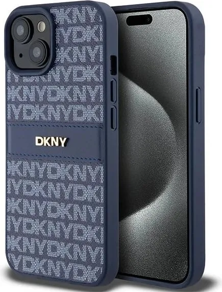 Futrollë DKNY Repeat Pattern Tonal Stripe për iPhone 15, lëkurë PU, blu - 1