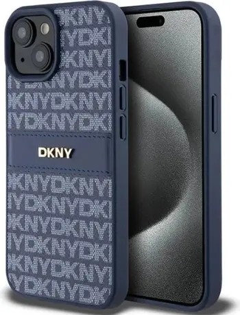 Futrollë DKNY Repeat Pattern Tonal Stripe për iPhone 15, lëkurë PU, blu