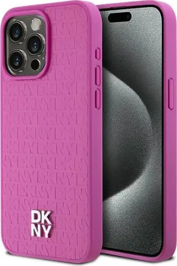 Mbështjellës DKNY Leather Monogram Pattern Metal Logo MagSafe për iPhone 15 Pro Max, Rozë