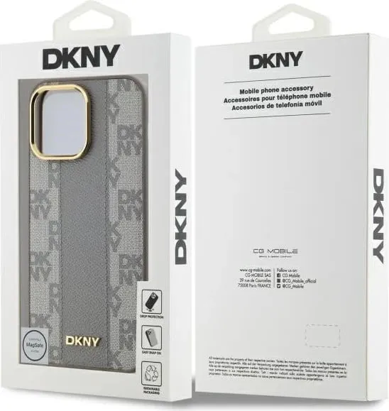 Mbështjellës DKNY Leather Checkered Mono Pattern MagSafe për iPhone 14 Pro Max, Bezhe - 2