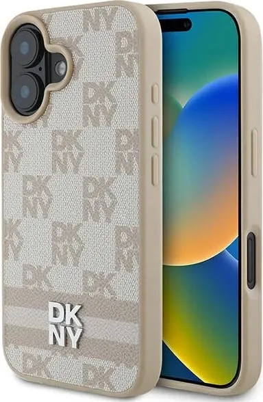 Mbështjellës DKNY për iPhone 16, Checkered Pattern & Printed Stripes, Rozë - 1