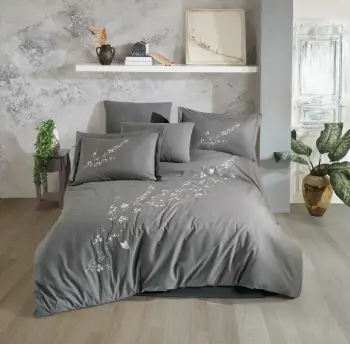 Set mbulesë për jorgan dopio, poplin i qëndisur, ngjyrë gri, L'essentiel, Vera