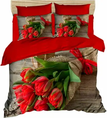 Set mbulesë për jorgan king size, L'essentiel, ngjyrë e kuqe, kafe, e gjelbër, 3D printim, 240x220cm, 2 jastëkë