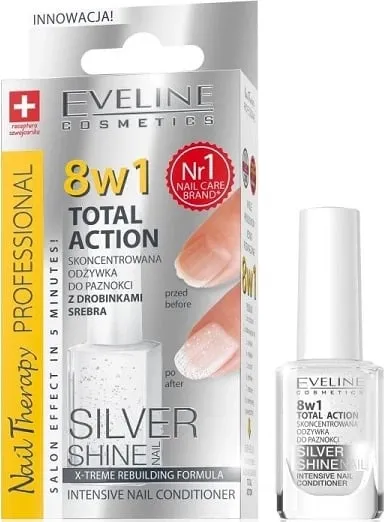 Kondicioner për thonj Eveline Cosmetics Nail Therapy Professional 8w1 Total Action Silver Shine, 12ml argjendtë - 1
