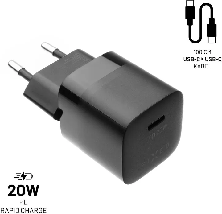 Karikues FIXED Mini me USB-C, PD, 20W, i zi + kabllo USB-C - USB-C, 1m, e zezë - 1