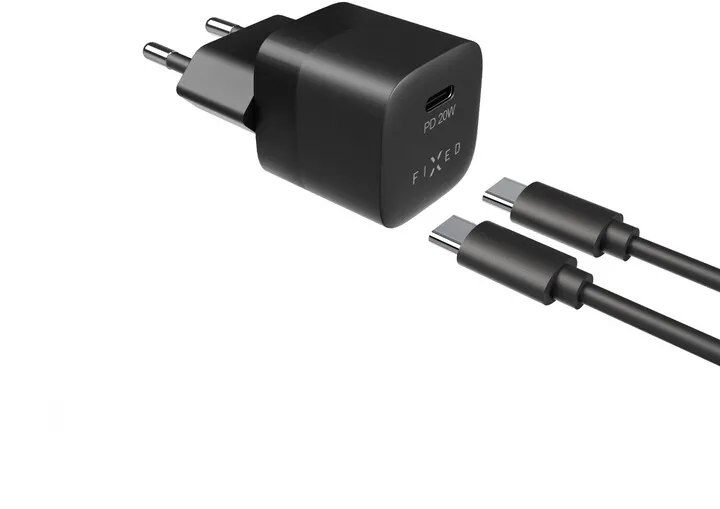 Karikues FIXED Mini me USB-C, PD, 20W, i zi + kabllo USB-C - USB-C, 1m, e zezë - 2