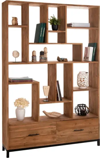 Bibliotekë ROMULUS, dru TEAK i ricikluar, 2 sirtarë, 140x30x210.5H cm