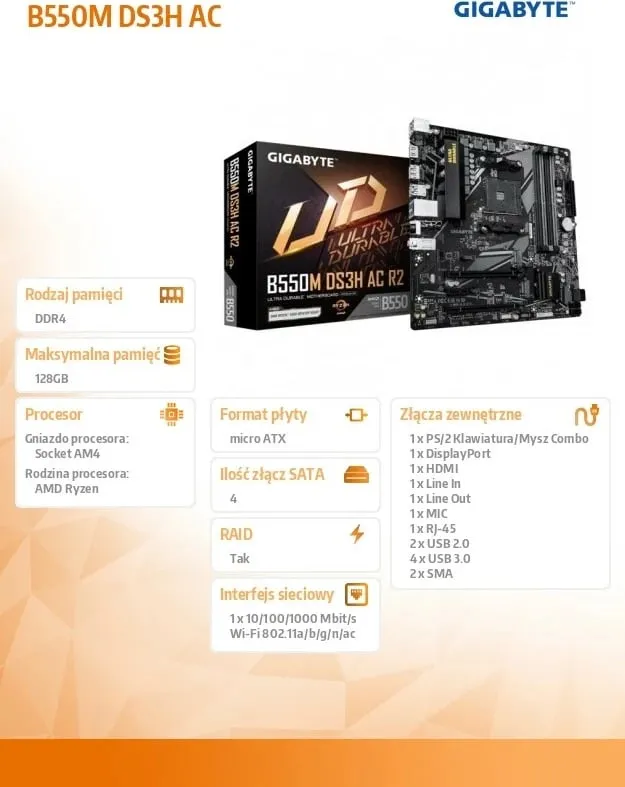 Pllakë amë GIGABYTE B550M DS3H AC R2, AMD AM4, DDR4, Wi-Fi 5 - 4