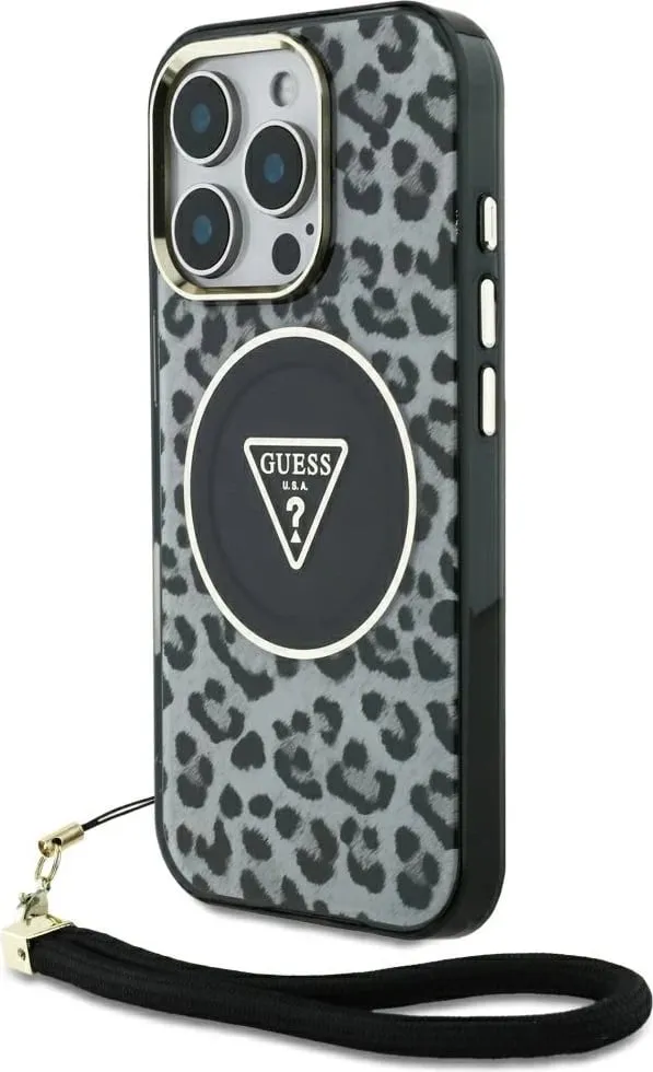 Mbështjellës Guess HC IML Leopard Triangle Cord Strap për iPhone 16 Pro, MagSafe, Zi - 1