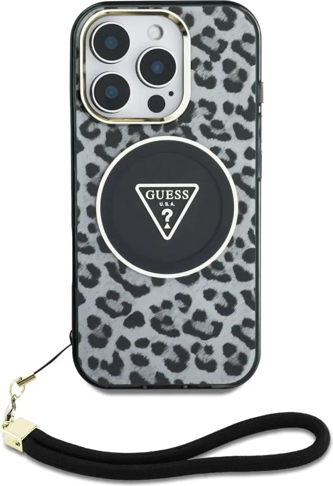 Mbështjellës Guess HC IML Leopard Triangle Cord Strap për iPhone 16 Pro, MagSafe, Zi - 2