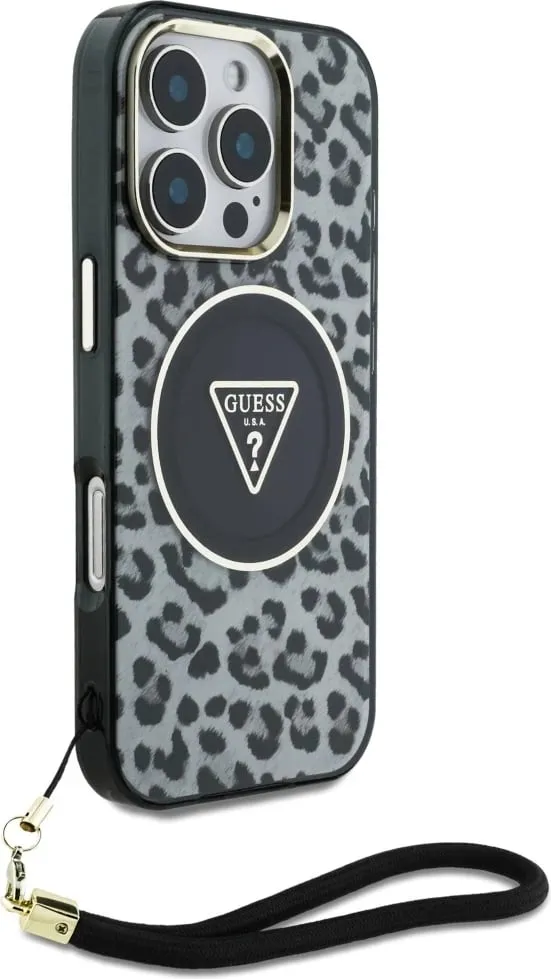 Mbështjellës Guess HC IML Leopard Triangle Cord Strap për iPhone 16 Pro, MagSafe, Zi - 3