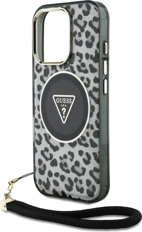 Mbështjellës Guess HC IML Leopard Triangle Cord Strap për iPhone 16 Pro, MagSafe, Zi - 5