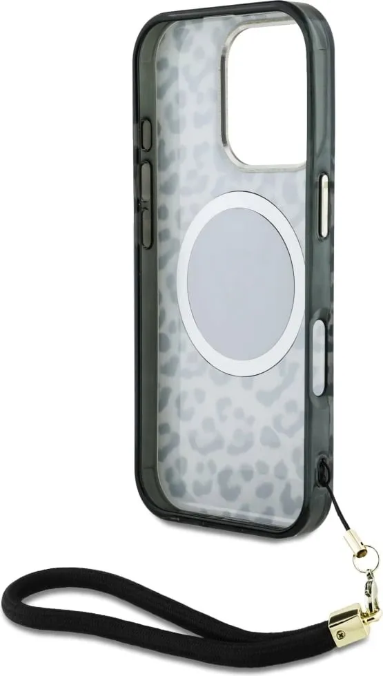 Mbështjellës Guess HC IML Leopard Triangle Cord Strap për iPhone 16 Pro, MagSafe, Zi - 6