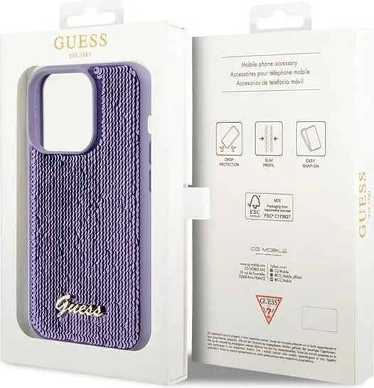 Mbështjellës Guess Sequin Script Metal për iPhone 15 Pro, vjollcë - 2