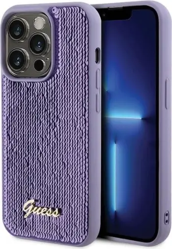 Mbështjellës Guess Sequin Script Metal për iPhone 15 Pro, vjollcë